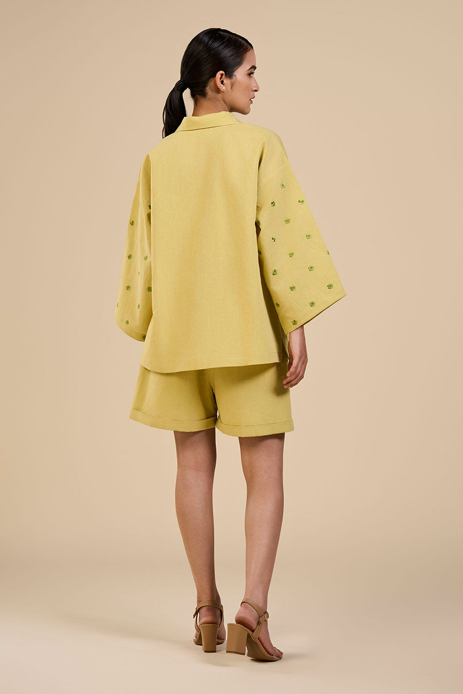 Lime Green Embroidered Shirt & Shorts Co-Ord Set