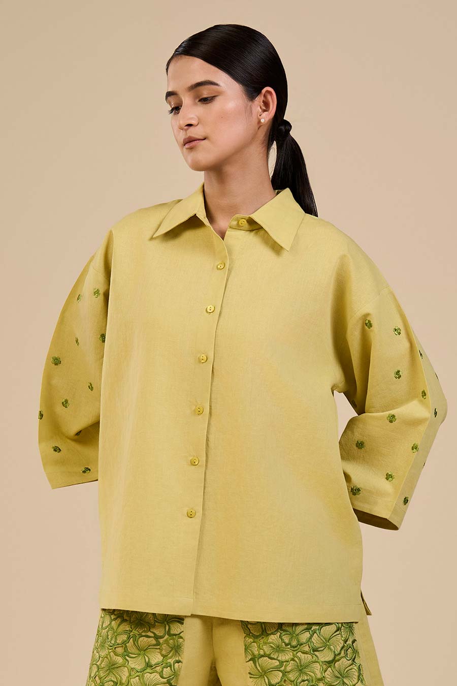 Lime Green Embroidered Shirt & Shorts Co-Ord Set