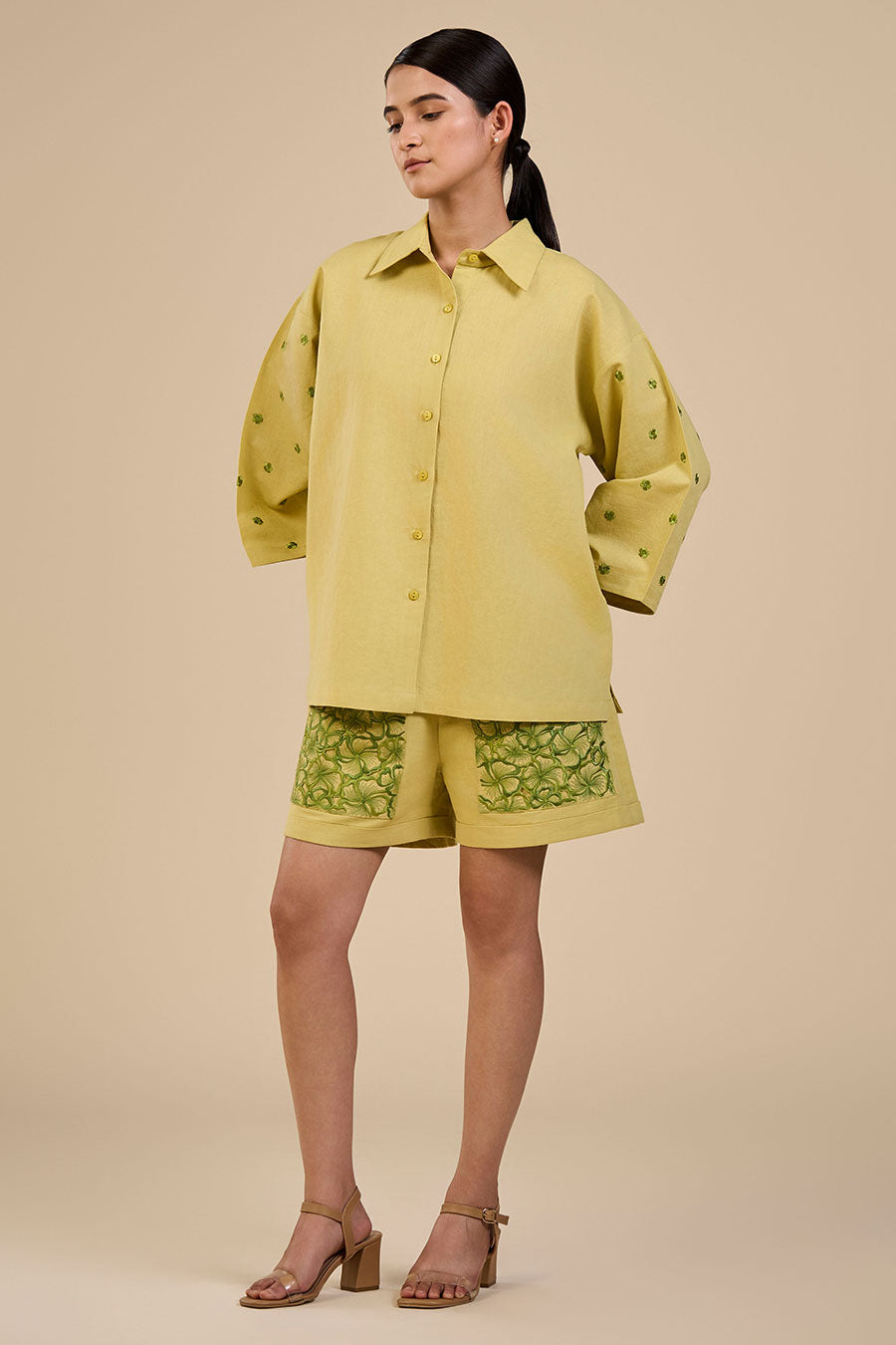 Lime Green Embroidered Pocket Shorts