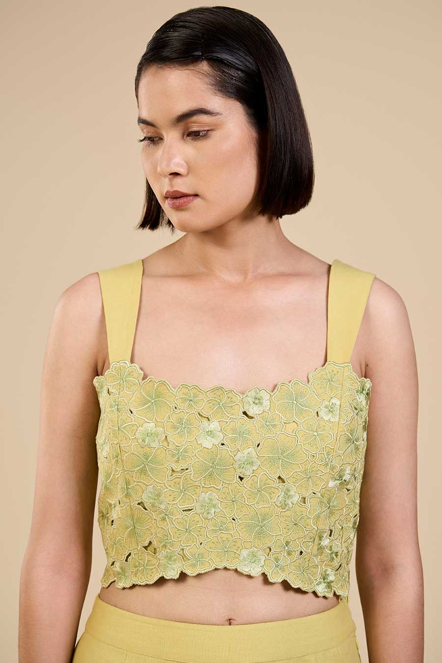 Lime Green Embroidered Bustier, Jacket & Pant Co-Ord Set
