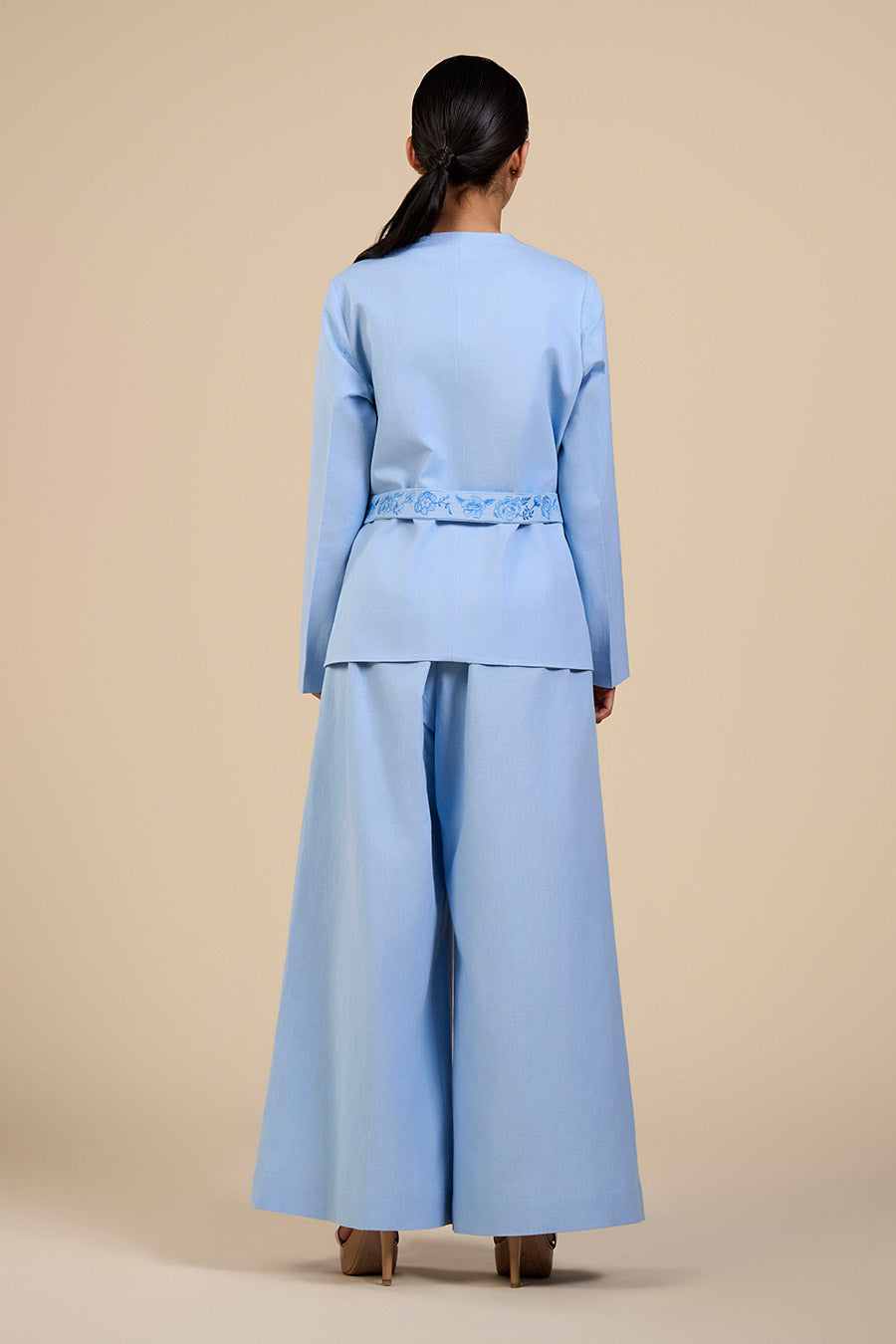 Ice Blue Rose Embroidered Blazer & Pant Co-Ord Set