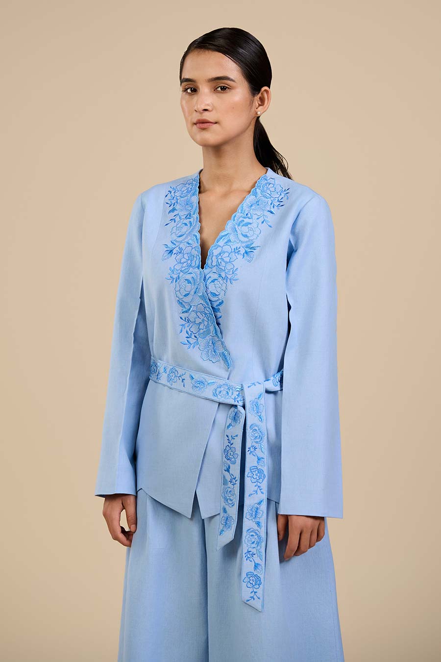 Ice Blue Rose Embroidered Blazer & Pant Co-Ord Set