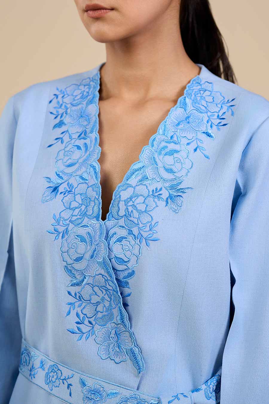 Ice Blue Rose Embroidered Blazer & Pant Co-Ord Set