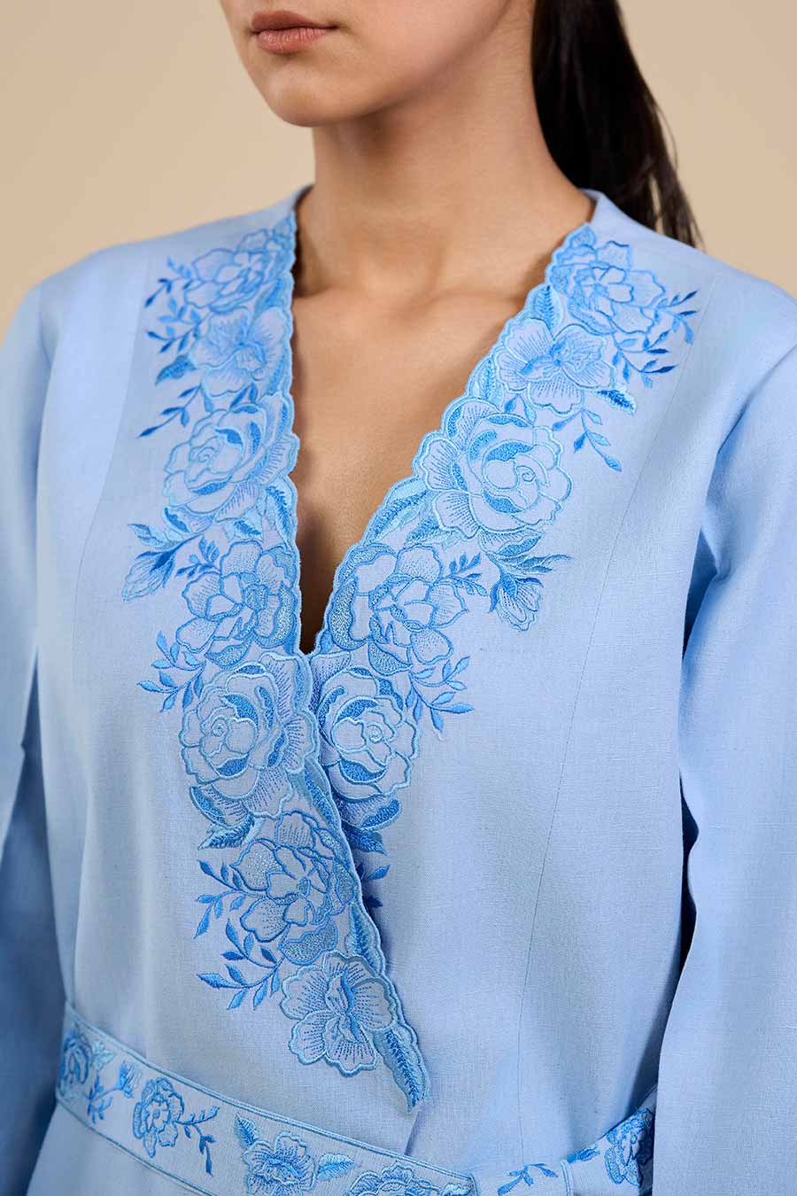 Ice Blue Rose Embroidered Blazer