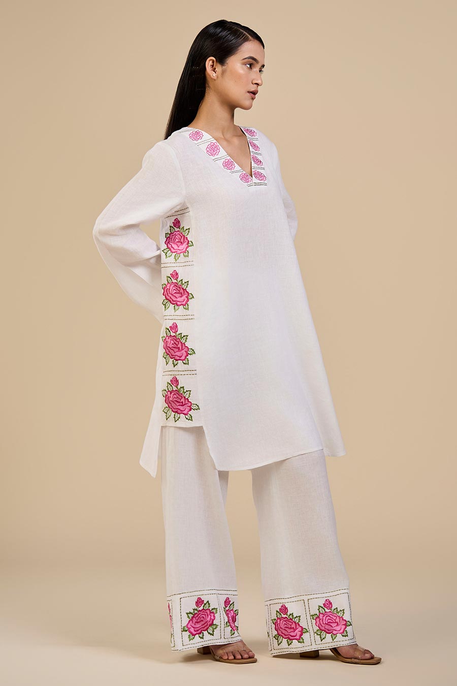 White Primrose Pink Embroidered Kurta & Pant Set