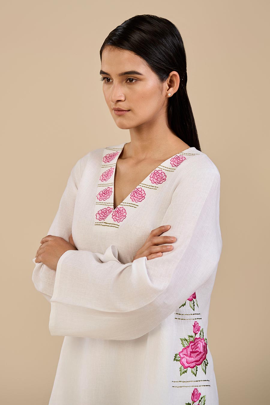 White Primrose Pink Embroidered Kurta & Pant Set