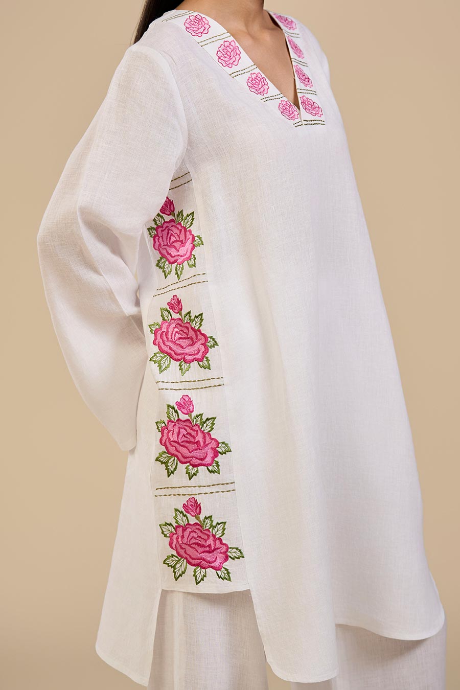 White Primrose Pink Embroidered Kurta & Pant Set