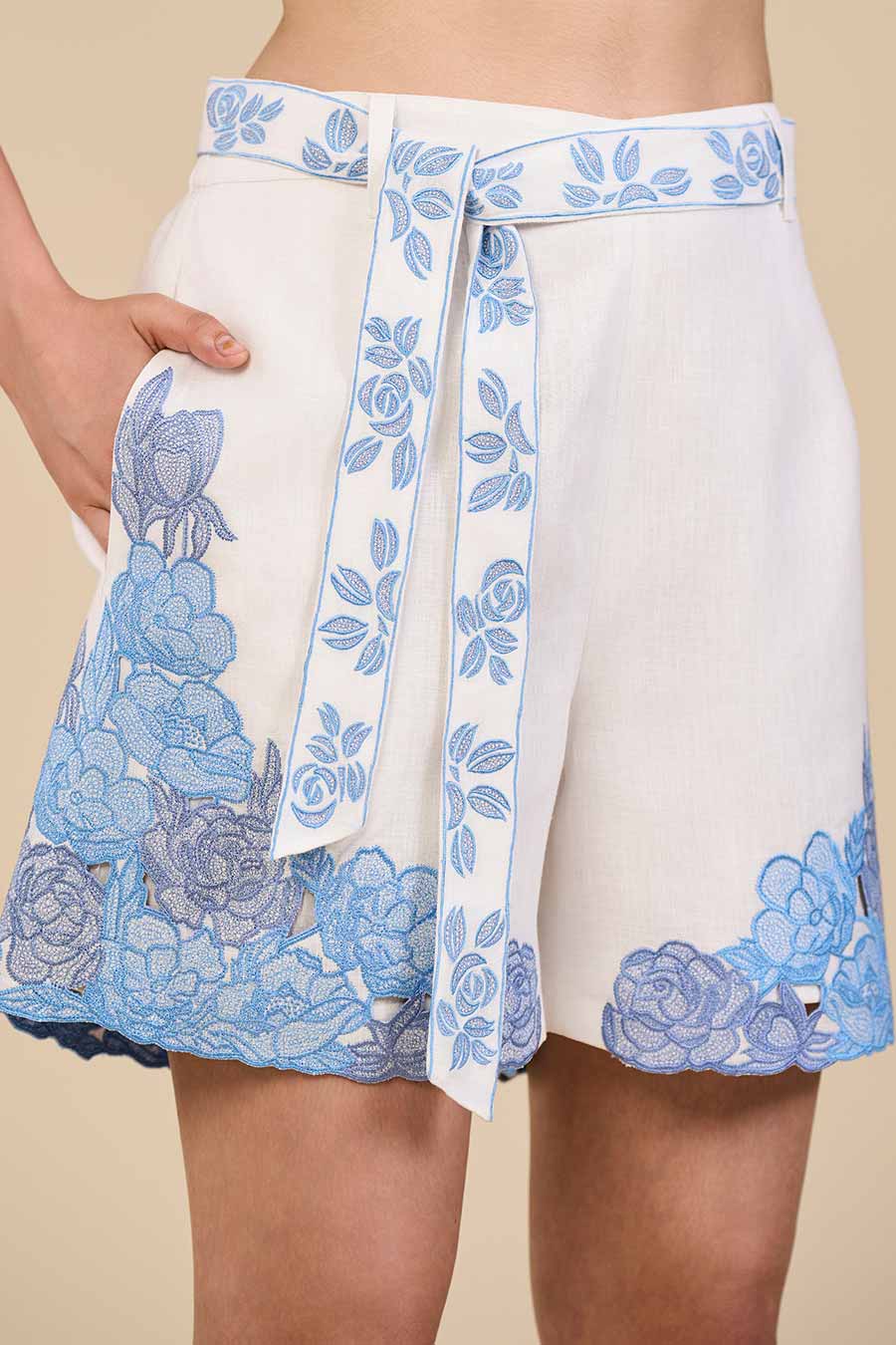 White Rose Bud Embroidered Shorts
