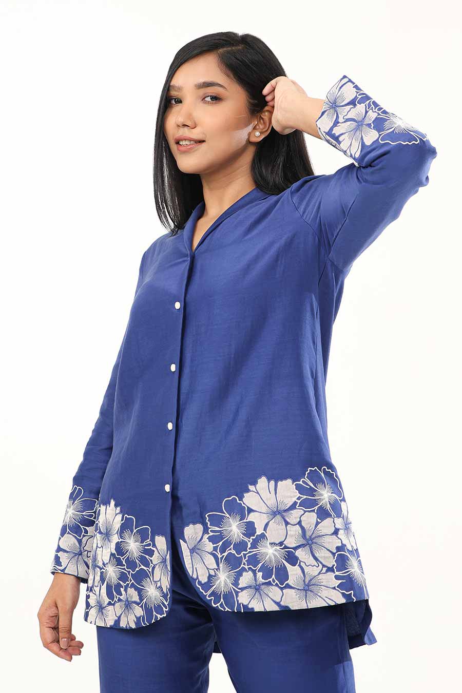 Blue Iris Illusion Embroidered Tunic & Pant Set