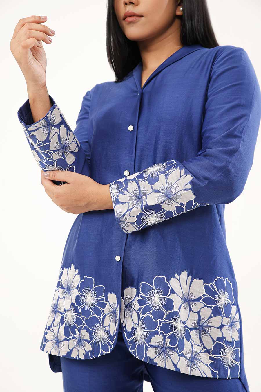 Blue Iris Illusion Embroidered Tunic & Pant Set