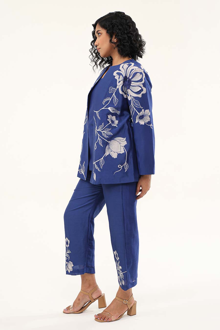 Blue Petunia Petal Embroidered Top, Pant & Jacket Co-Ord Set