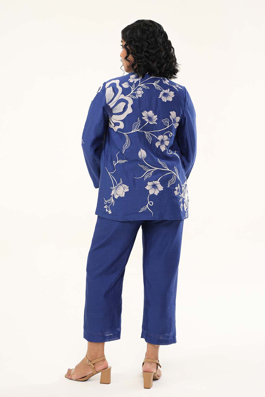 Blue Petunia Petal Embroidered Top, Pant & Jacket Co-Ord Set