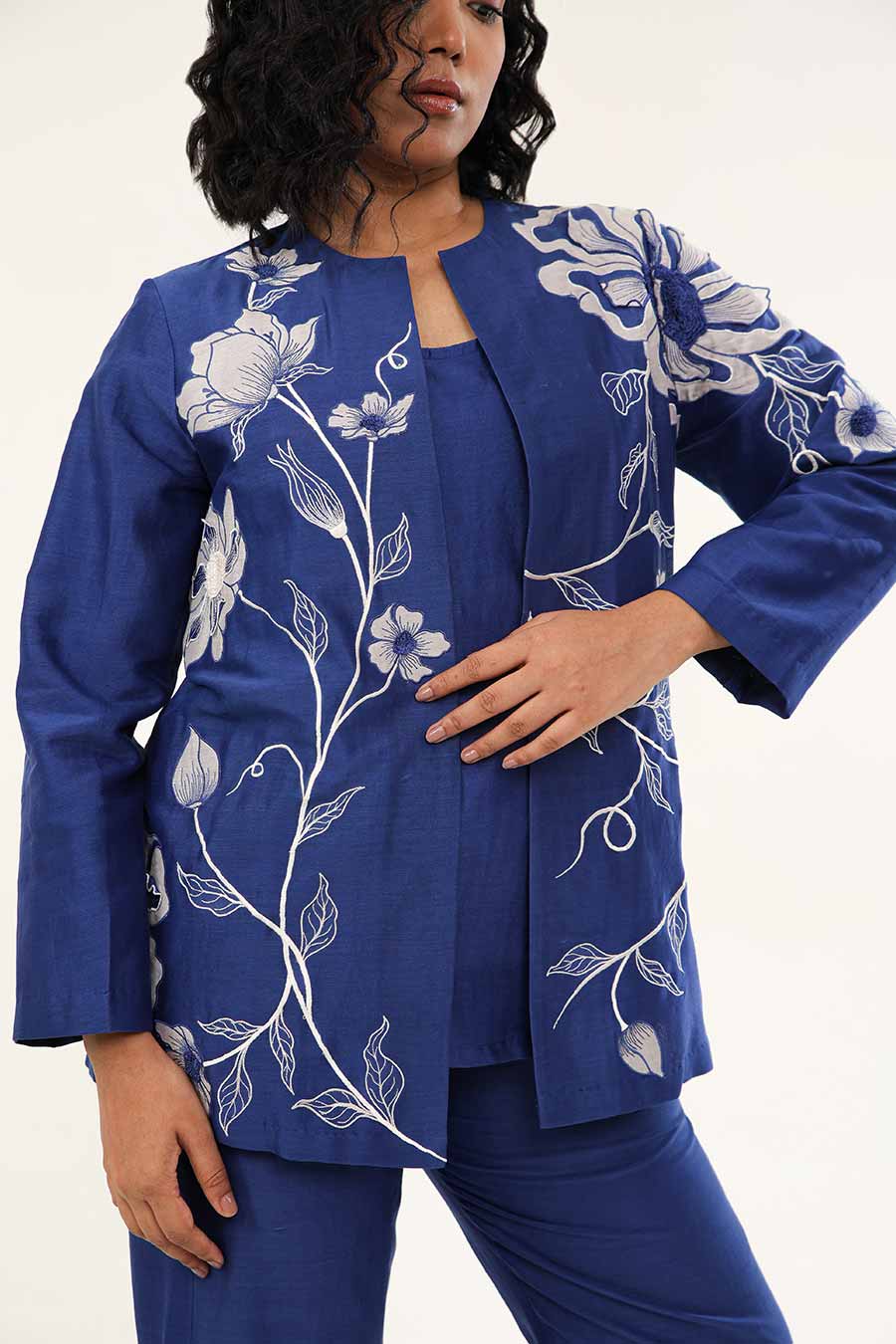 Blue Petunia Petal Embroidered Top, Pant & Jacket Co-Ord Set