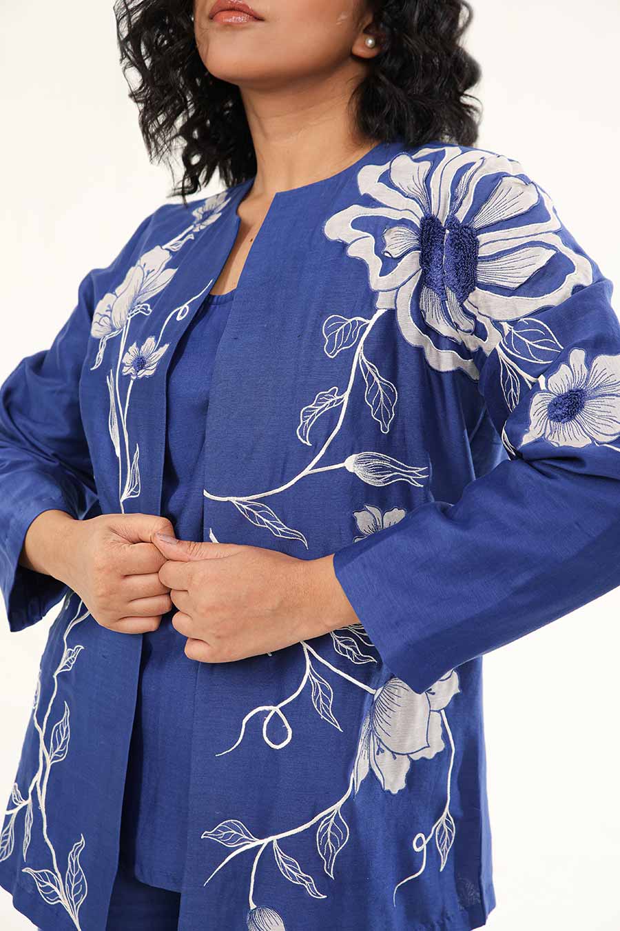 Blue Petunia Petal Embroidered Top, Pant & Jacket Co-Ord Set