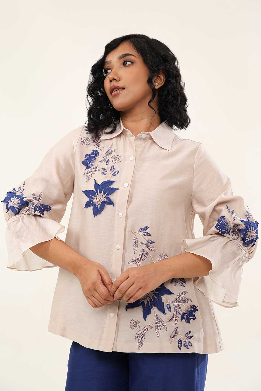 Off-White & Blue Jasmine Embroidered Co-Ord Set
