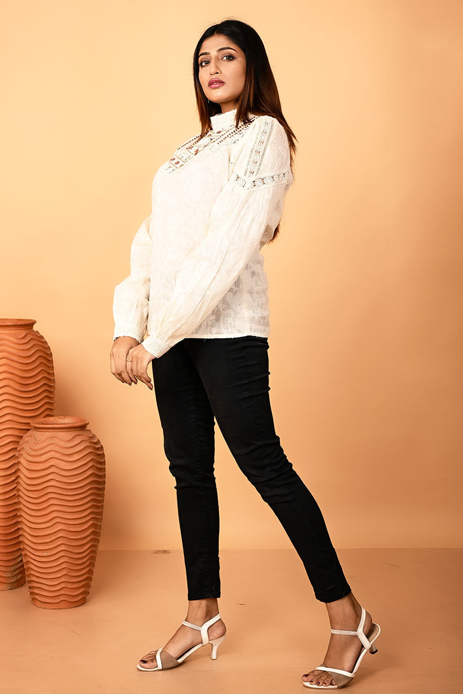 Ivory Wooden Beads Hand-Embroidered Top