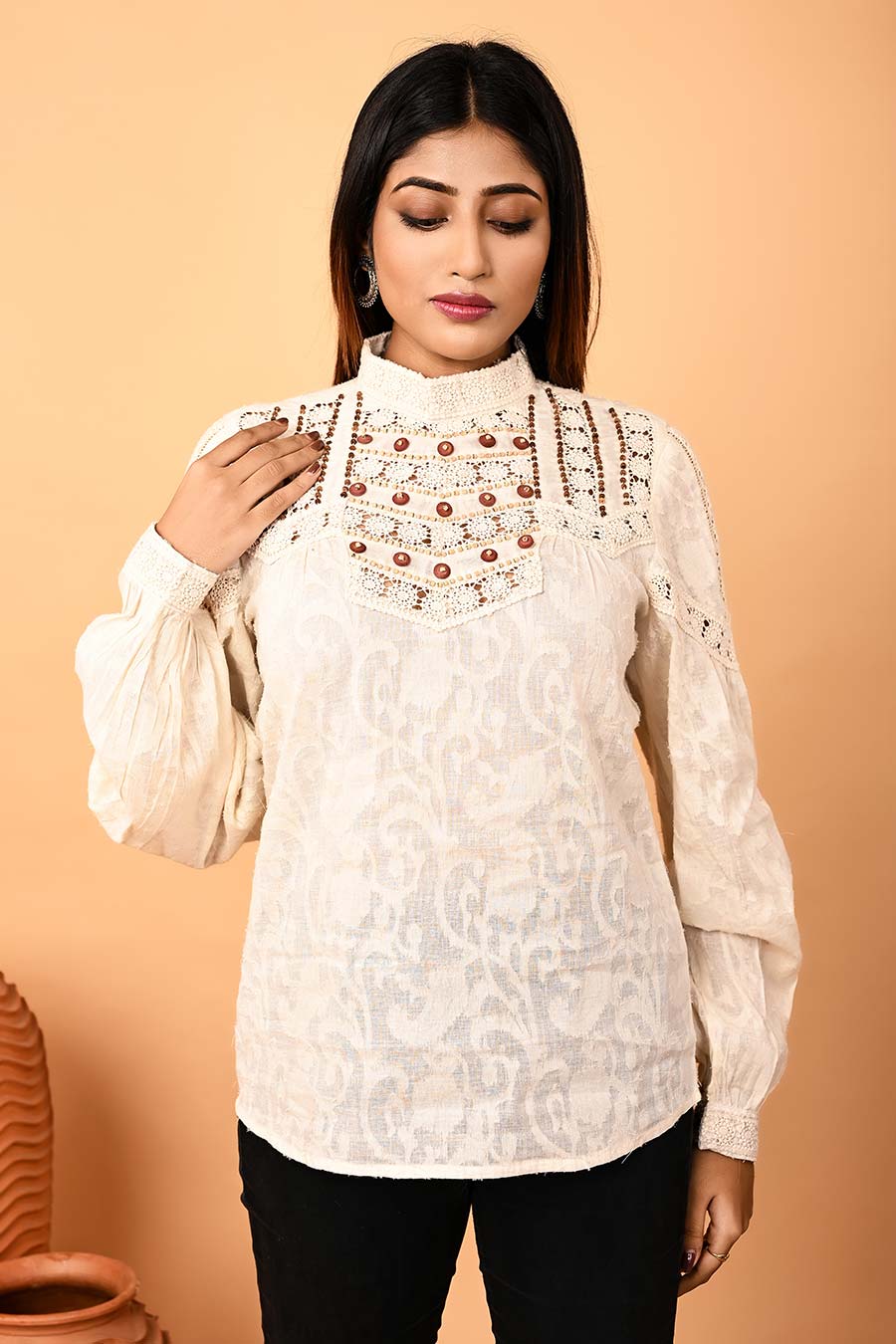 Ivory Wooden Beads Hand-Embroidered Top