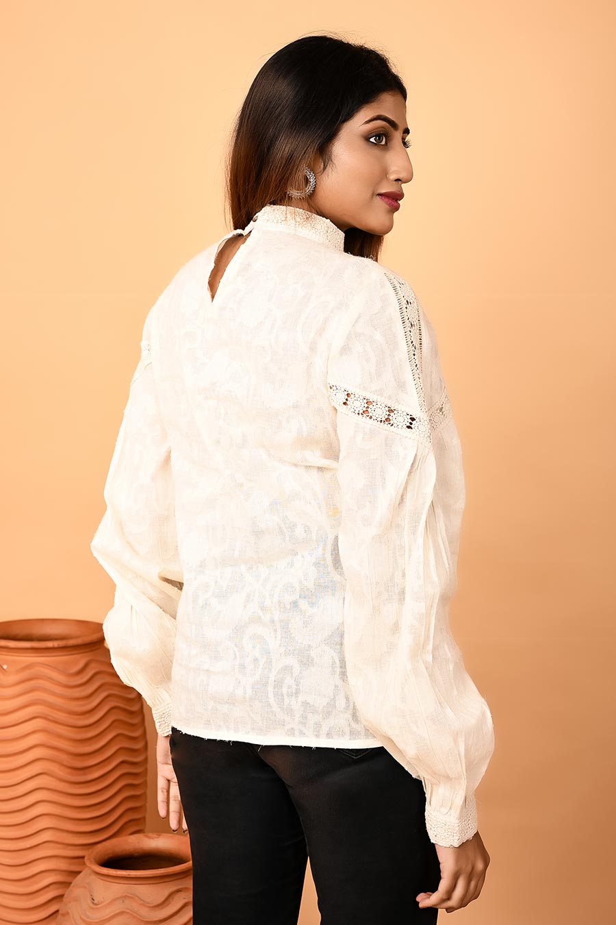 Ivory Wooden Beads Hand-Embroidered Top