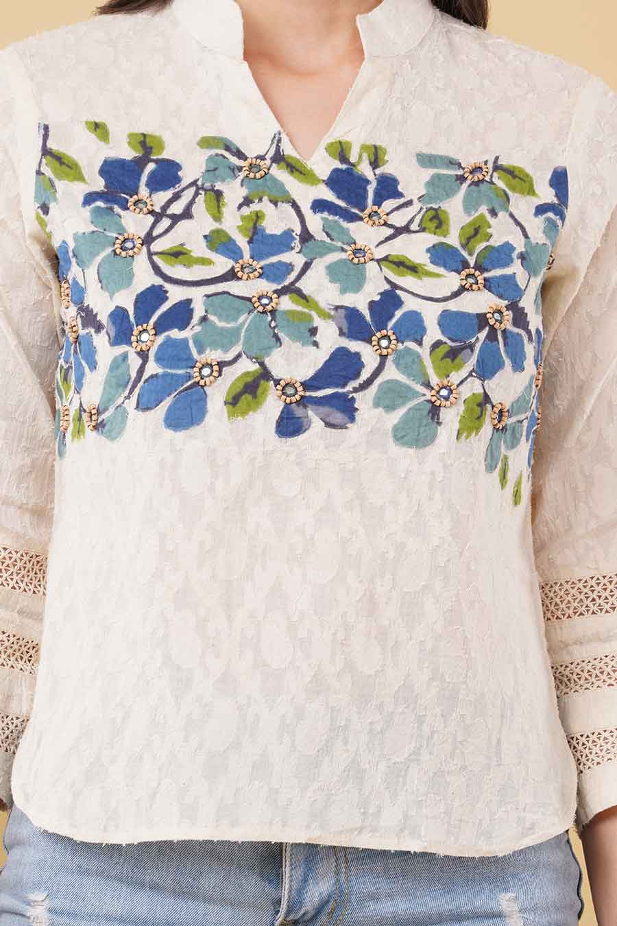 Ivory Crosia Lace & Applique Embroidered Top