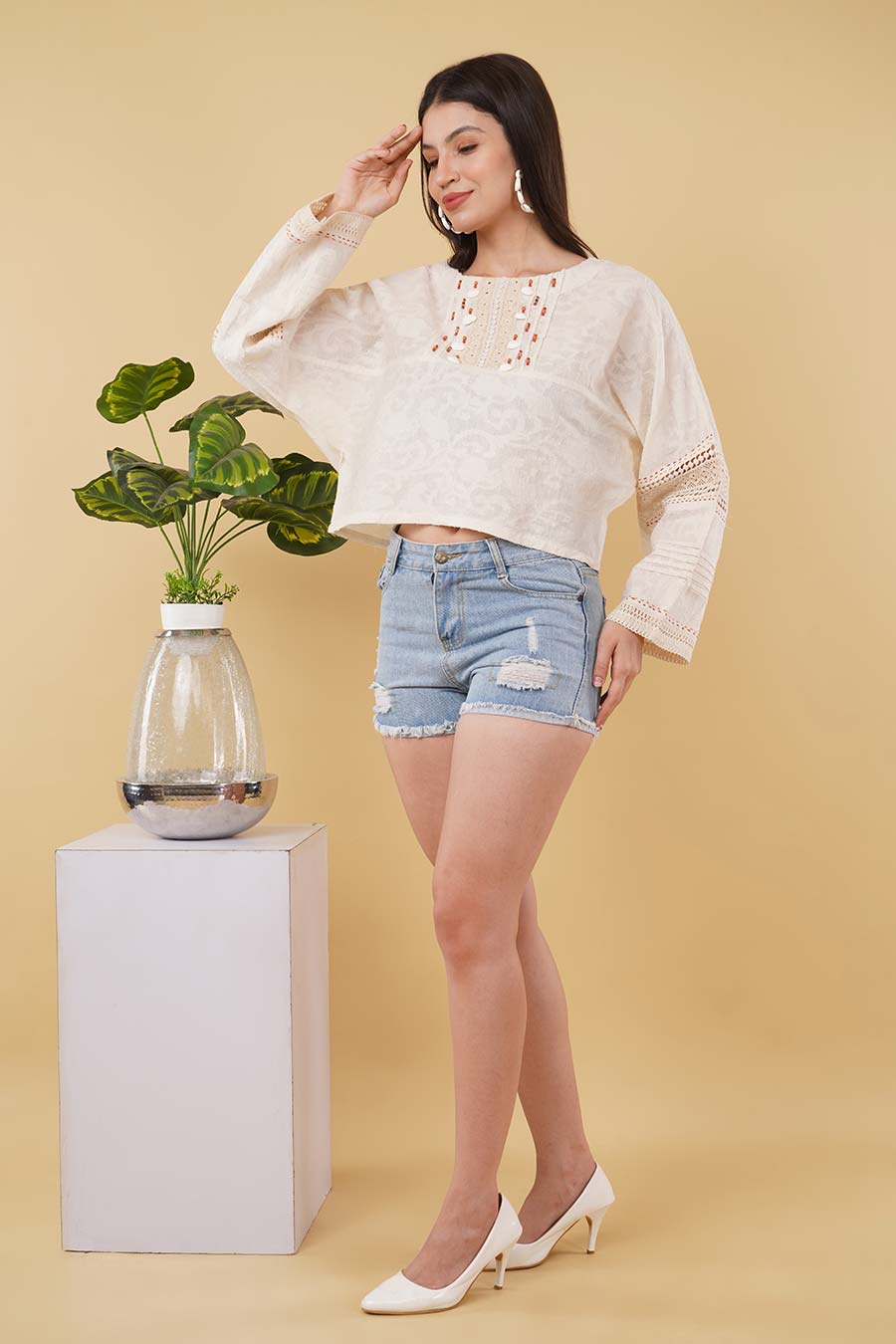 Ivory Hand-Embroidered Crop Top