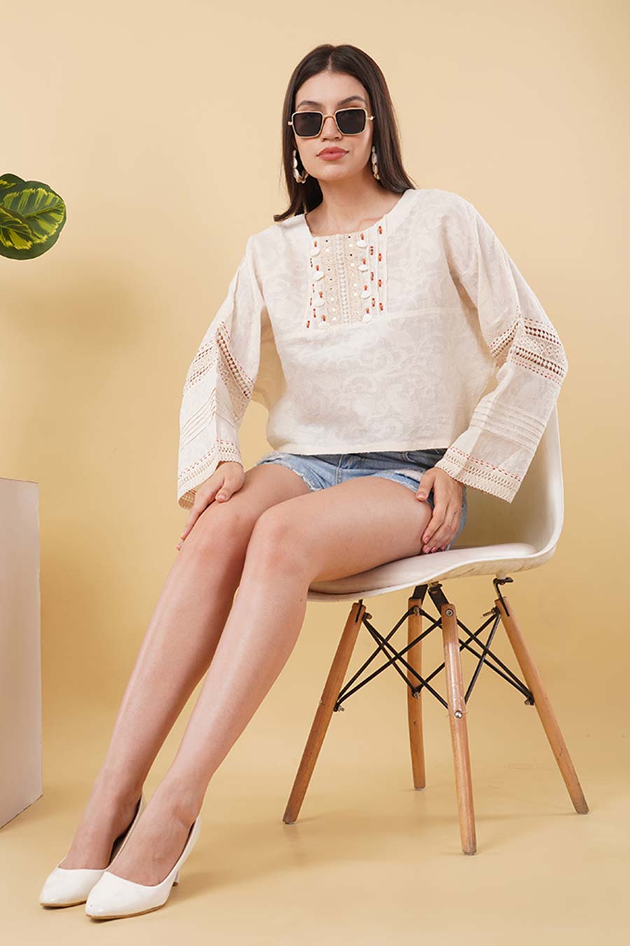 Ivory Hand-Embroidered Crop Top