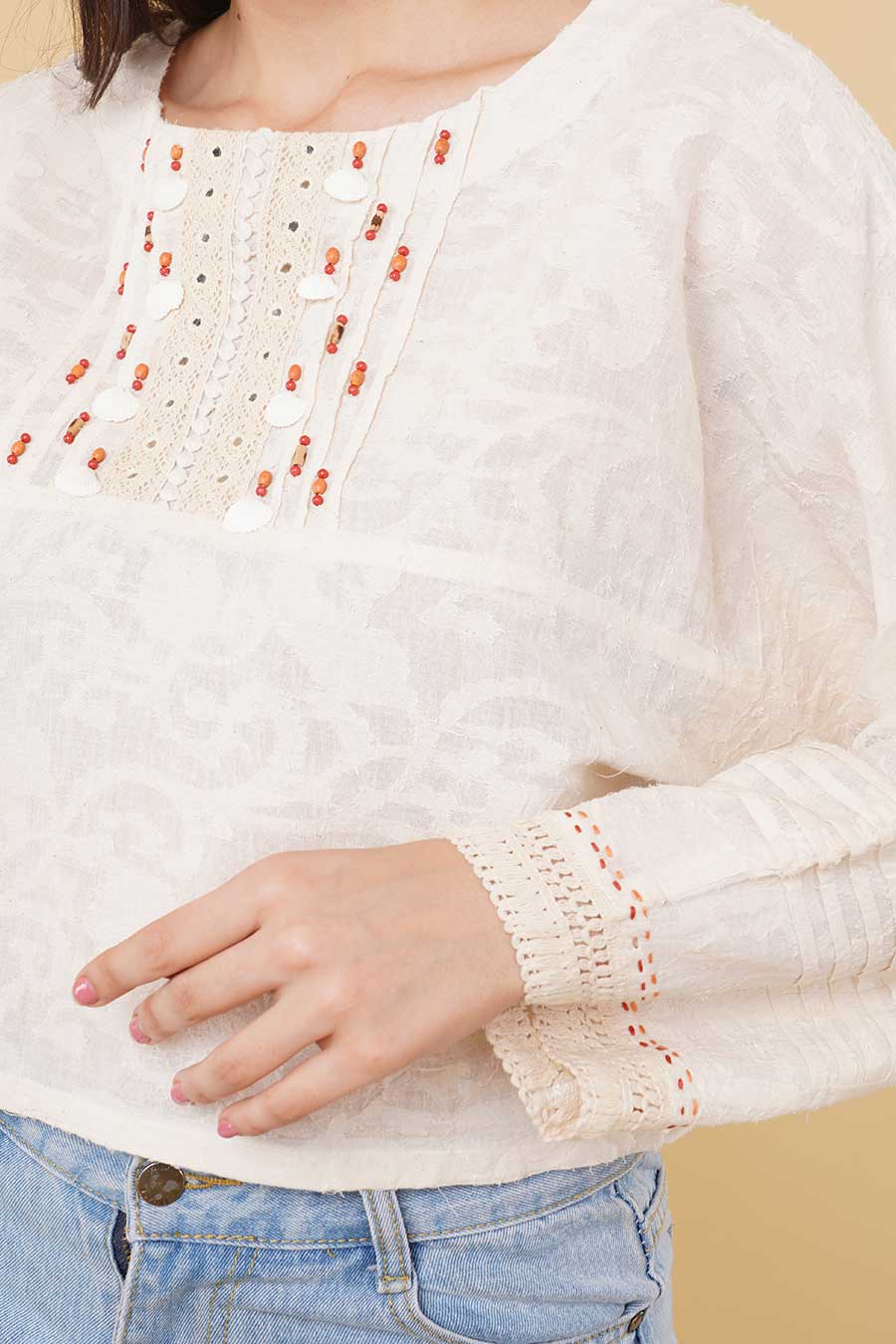 Ivory Hand-Embroidered Crop Top