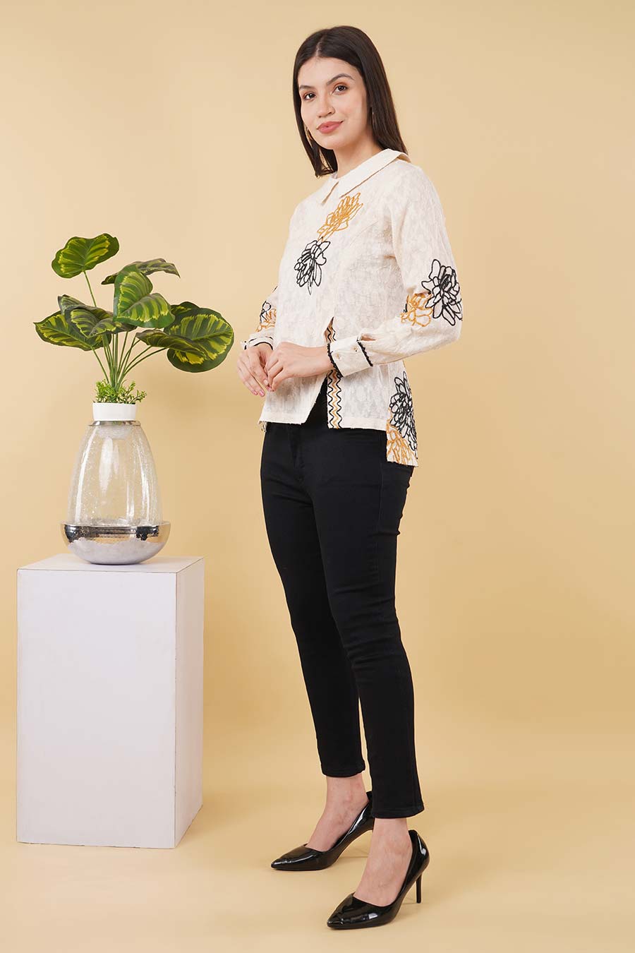 Ivory Embroidered Button-Down Style Top