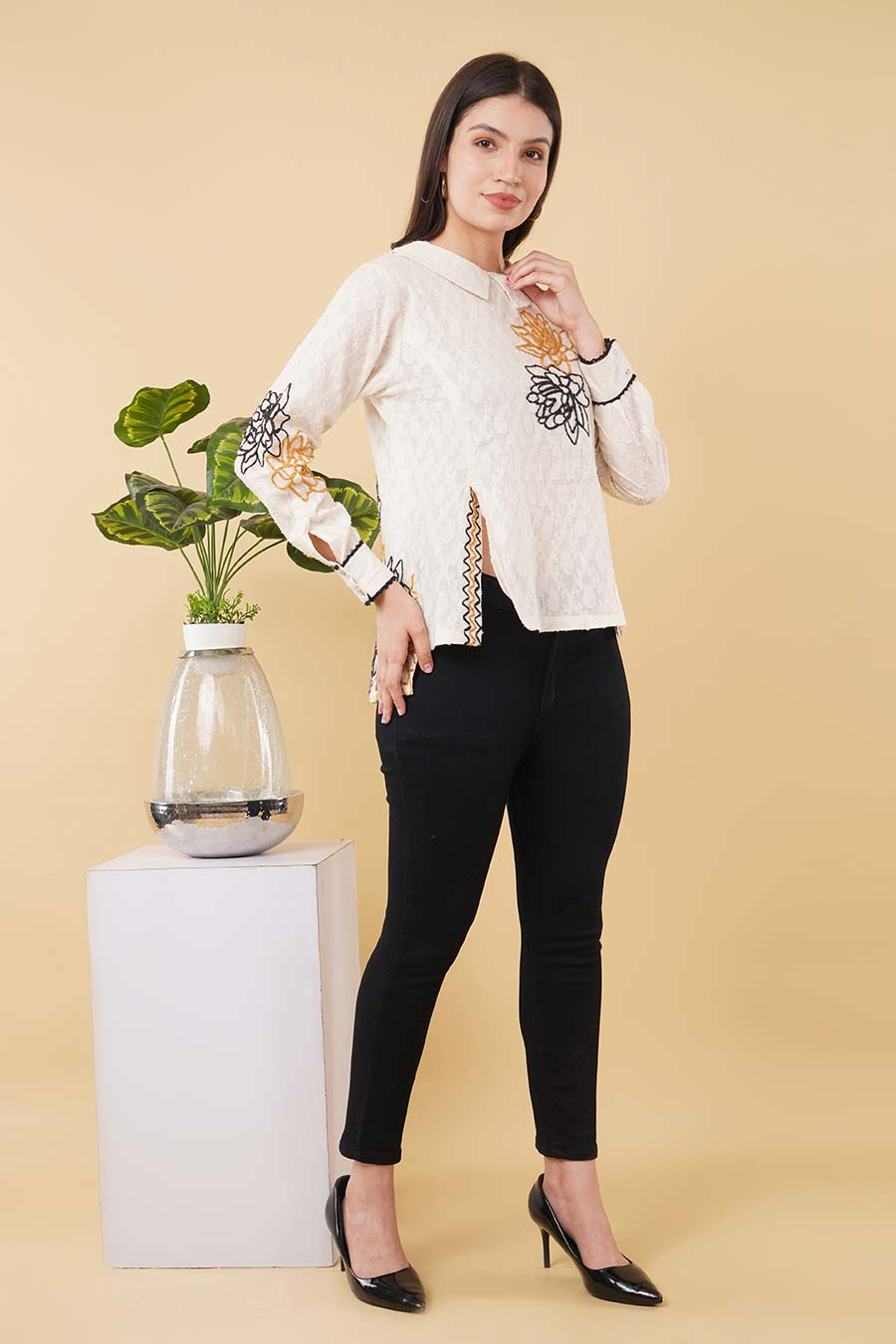 Ivory Embroidered Button-Down Style Top