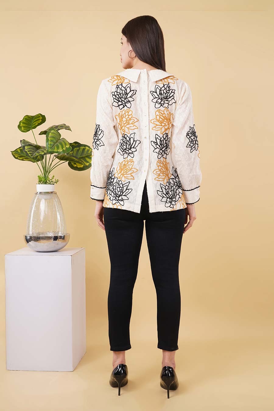 Ivory Embroidered Button-Down Style Top