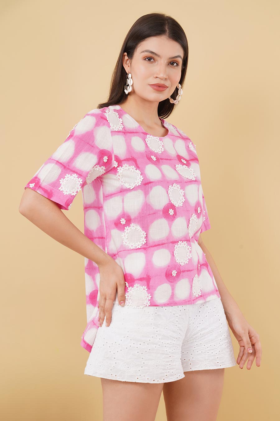 Pink Printed Crosia Lace Detailing Top