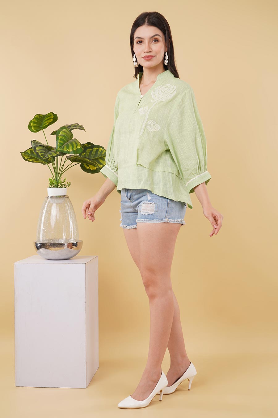 Green Handloom-Cotton Embroidered Top