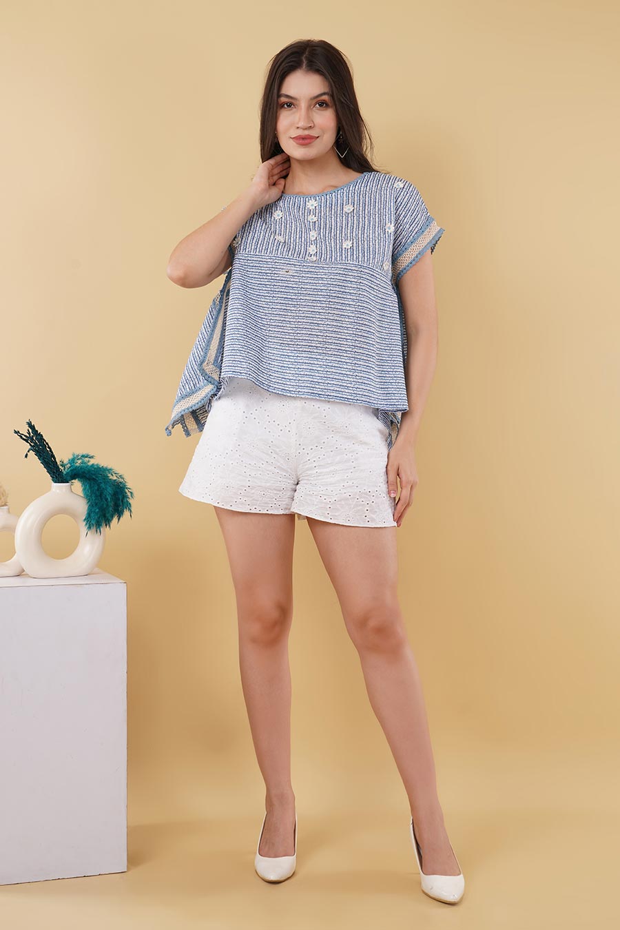 Blue Crosia Lace Kaftan Top