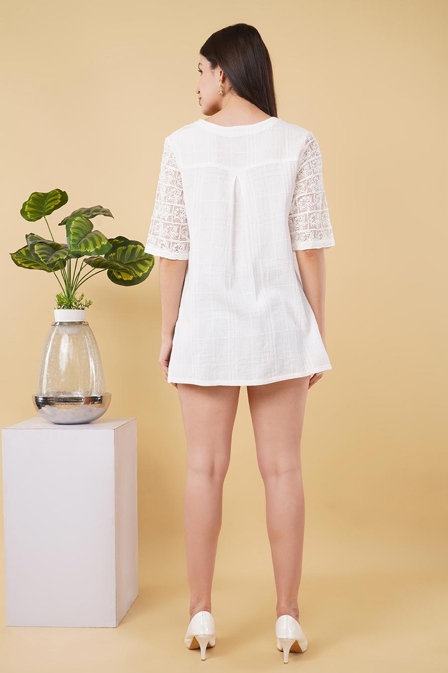 White Hand-Embroidered High-Low Top