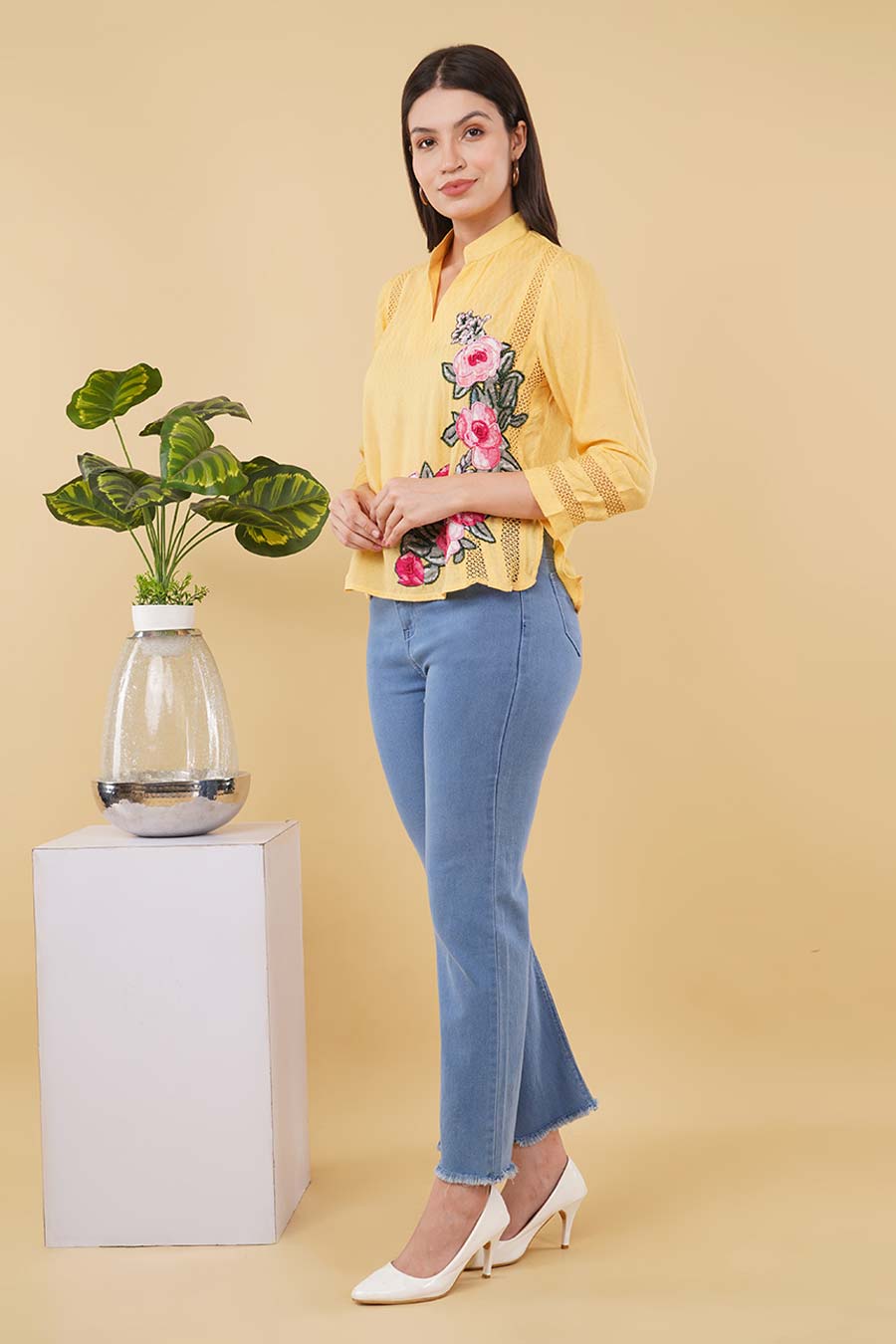 Yellow Embroidered Lace Detailing Top