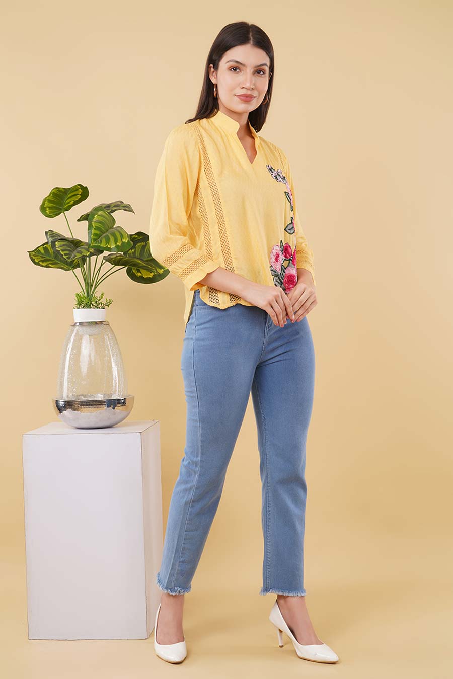 Yellow Embroidered Lace Detailing Top
