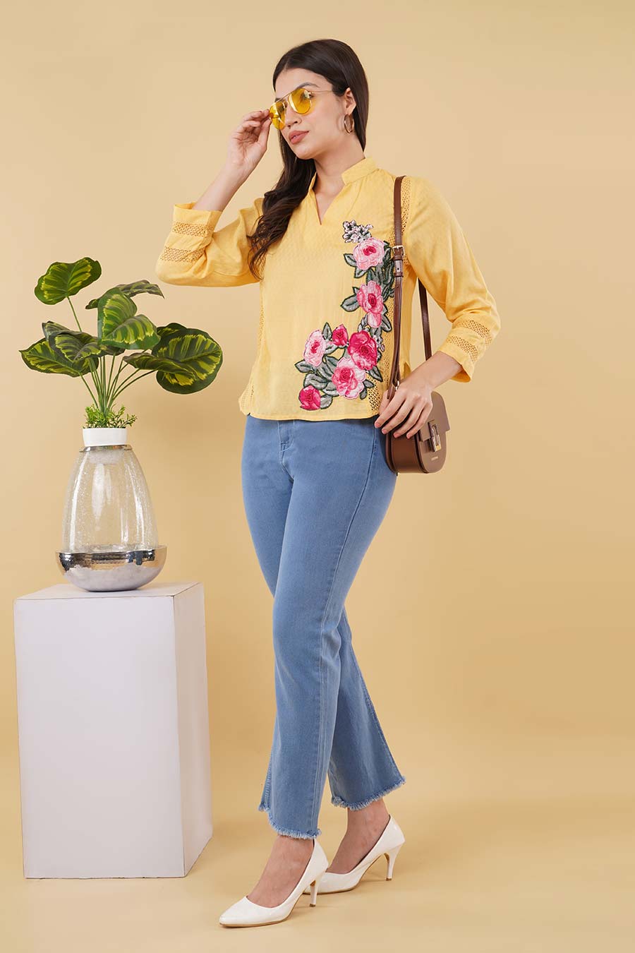 Yellow Embroidered Lace Detailing Top