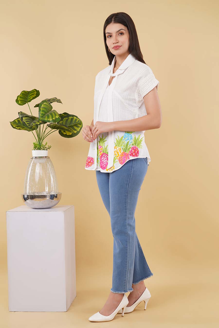 White Embroidered Knot-Neck Top