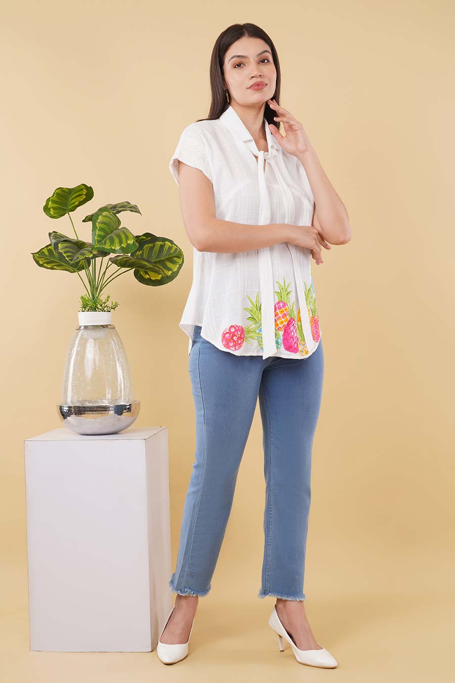 White Embroidered Knot-Neck Top