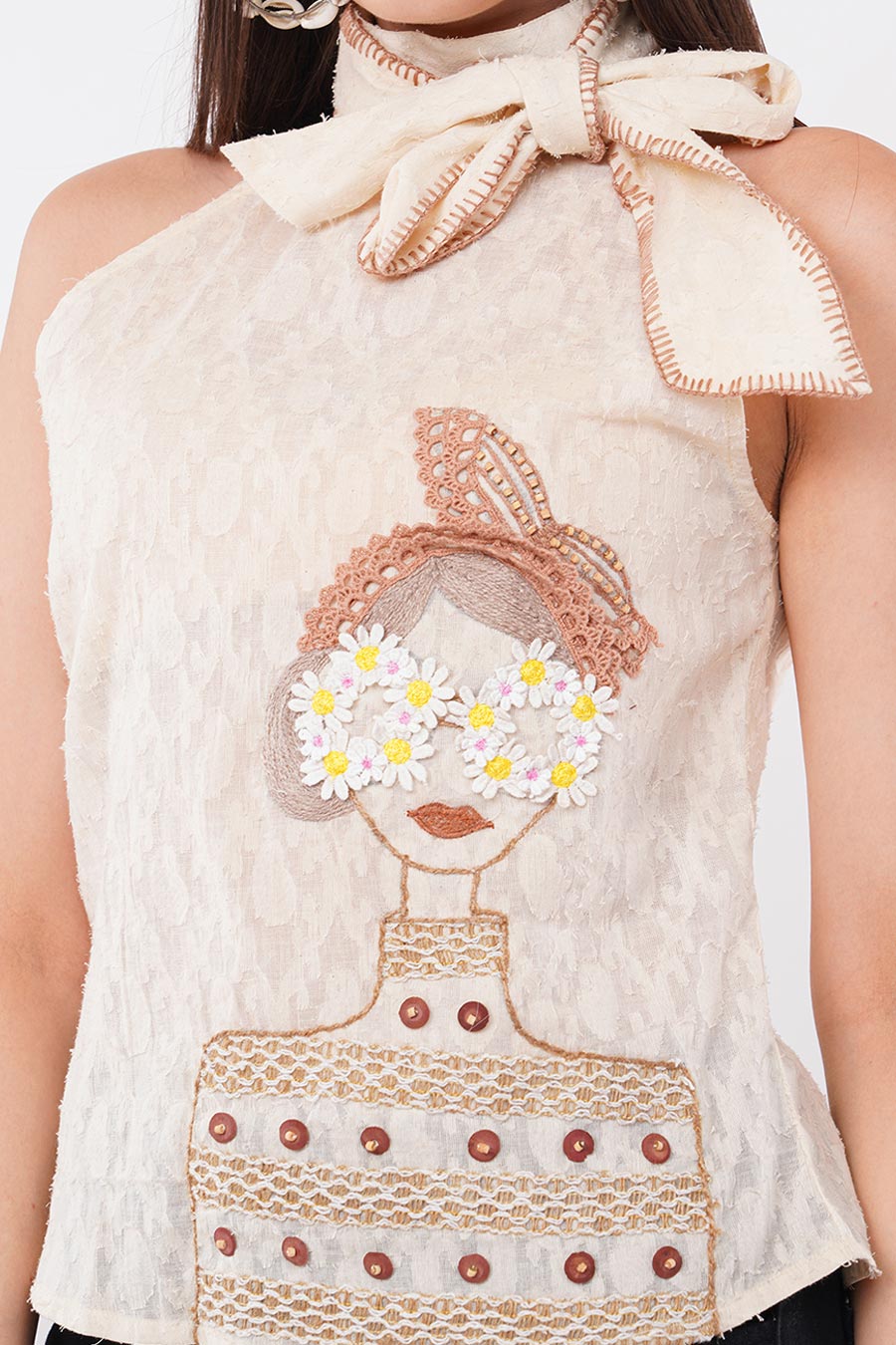 Ivory Hand-Embroidered Halter Top