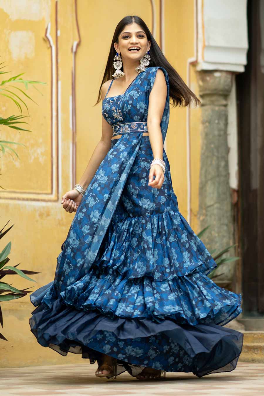 Midnight Blue Ruffle Pre-pleated Saree Set