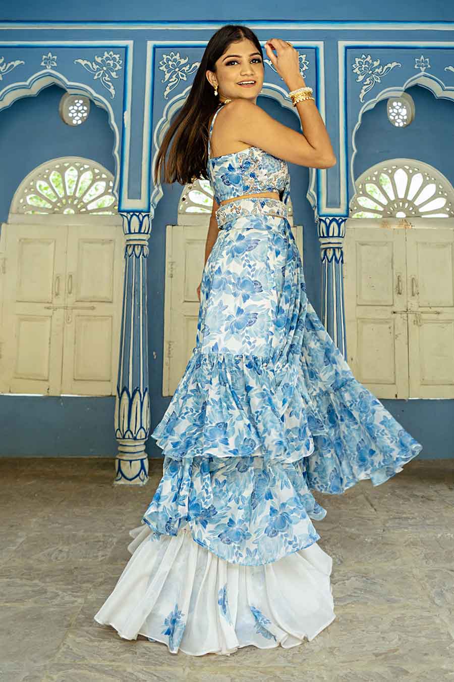 Seashell White & Blue Ruffle Pre-pleated Saree Set