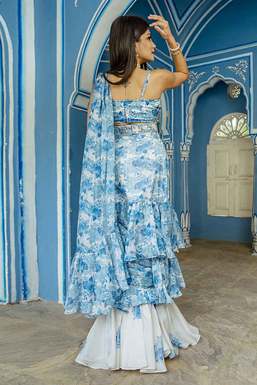 Seashell White & Blue Ruffle Pre-pleated Saree Set