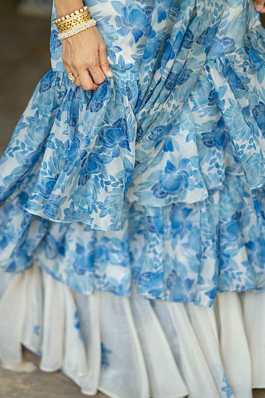 Seashell White & Blue Ruffle Pre-Pleated Saree Set