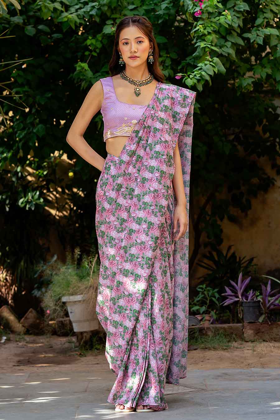 Pink Printed Pre-Draped Saree & Blouse Set