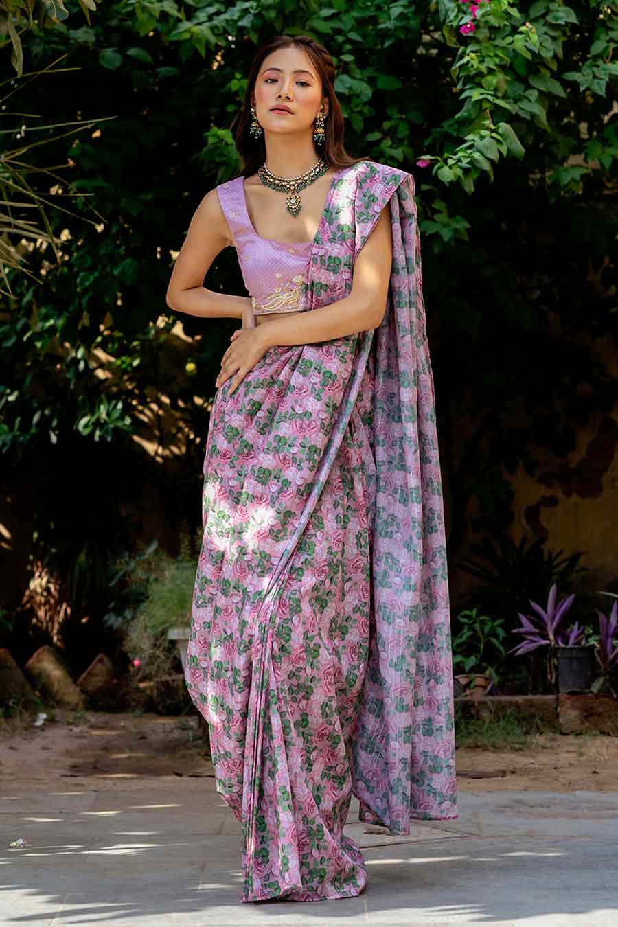 Pink Printed Pre-Draped Saree & Blouse Set