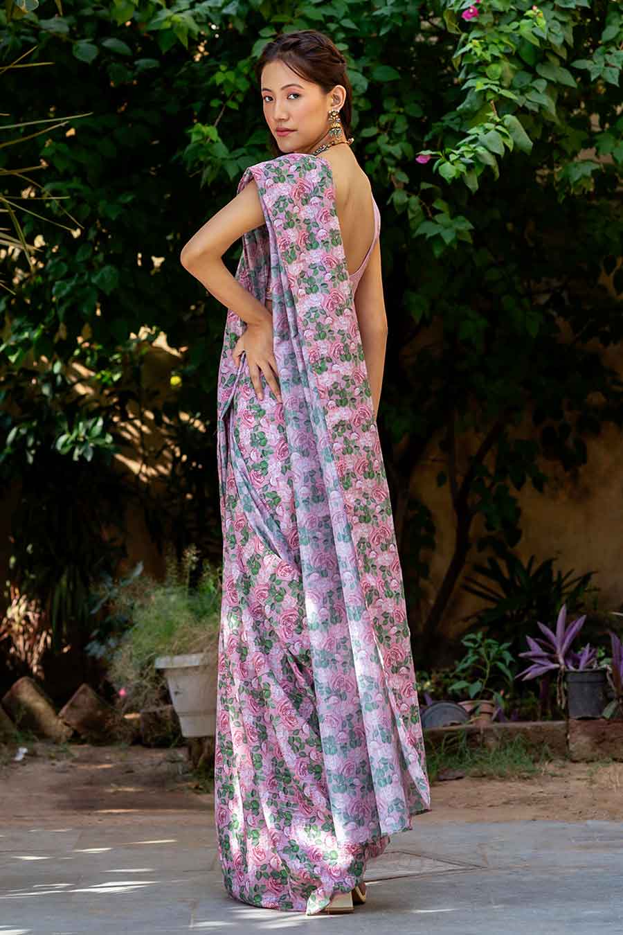 Pink Printed Pre-Draped Saree & Blouse Set