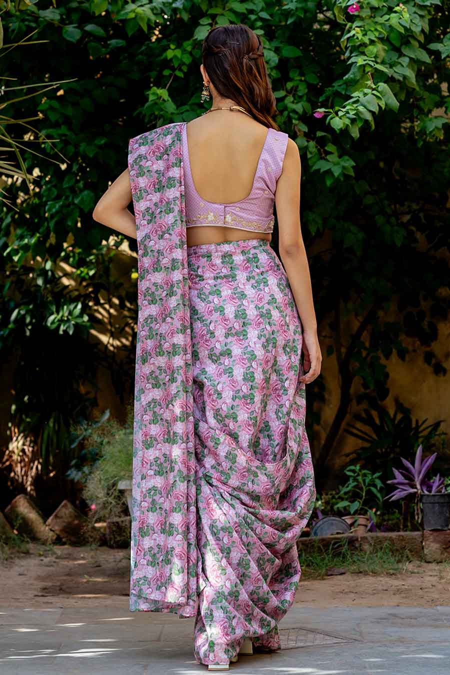 Pink Printed Pre-Draped Saree & Blouse Set