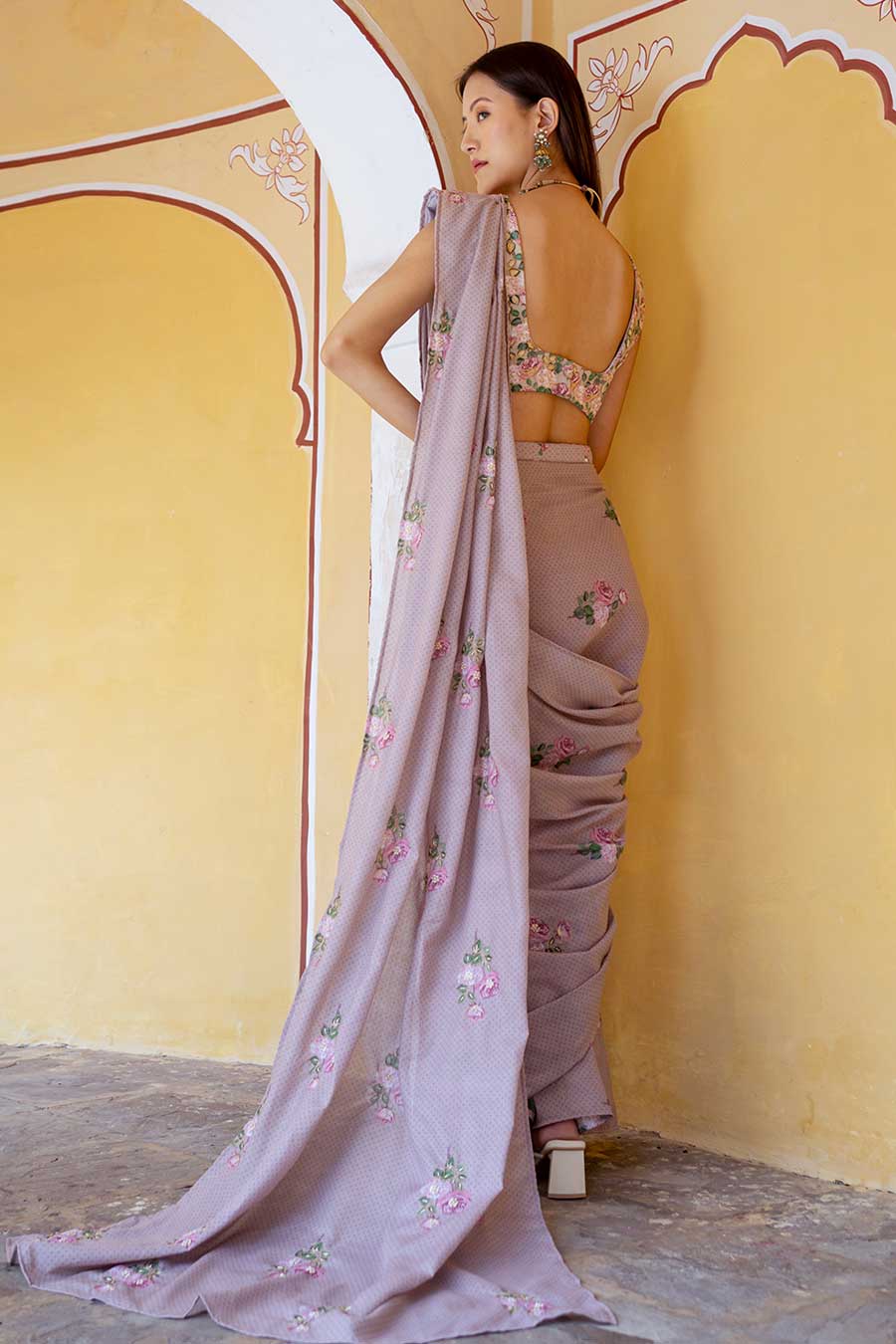 Brown Embroidered Pre-Draped Saree & Blouse Set