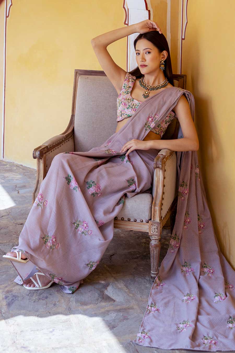 Brown Embroidered Pre-Draped Saree & Blouse Set