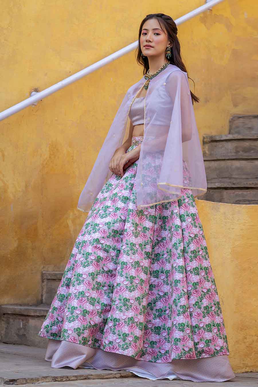 Brown Printed Lehenga Set with Cape